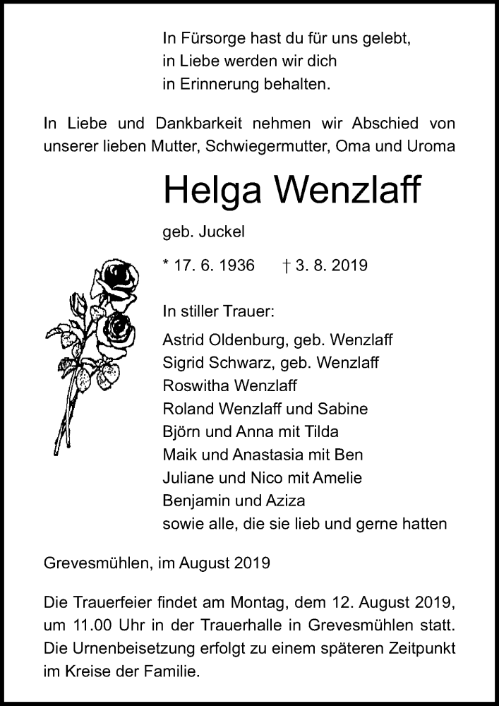  Traueranzeige für Helga Wenzlaff vom 08.08.2019 aus Ostsee-Zeitung GmbH