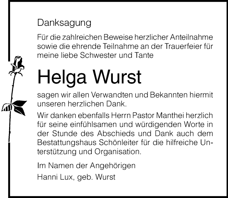  Traueranzeige für Helga Wurst vom 03.08.2019 aus Ostsee-Zeitung GmbH