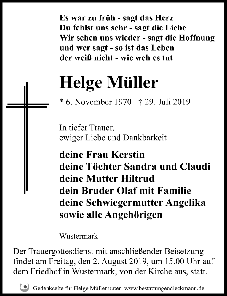  Traueranzeige für Helge Müller vom 01.08.2019 aus Märkischen Allgemeine Zeitung