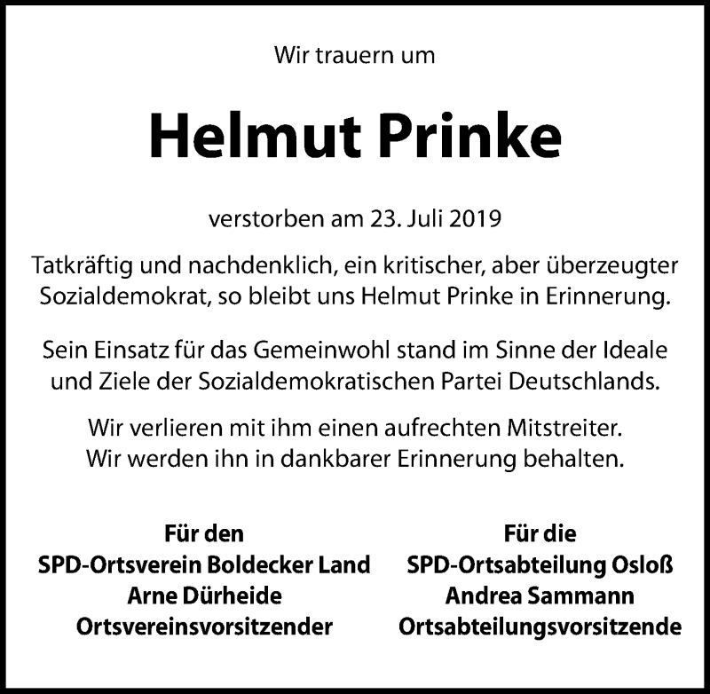  Traueranzeige für Helmut Prinke vom 07.08.2019 aus Aller Zeitung
