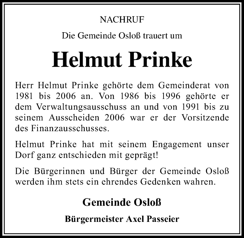  Traueranzeige für Helmut Prinke vom 03.08.2019 aus Aller Zeitung
