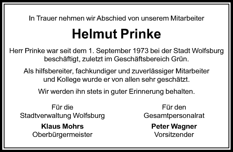  Traueranzeige für Helmut Prinke vom 03.08.2019 aus Aller Zeitung