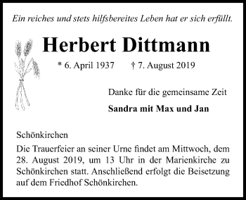 Traueranzeige von Herbert Dittmann von Kieler Nachrichten