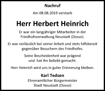 Traueranzeige von Herbert Heinrich von Märkischen Allgemeine Zeitung