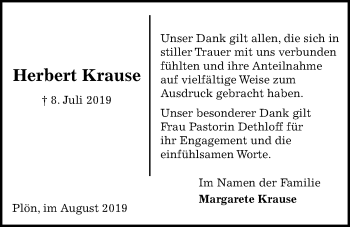 Traueranzeige von Herbert Krause von Kieler Nachrichten