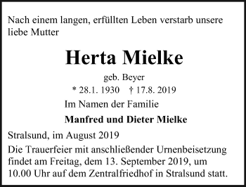 Traueranzeige von Herta Mielke von Ostsee-Zeitung GmbH