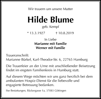 Traueranzeige von Hilde Blume von Göttinger Tageblatt