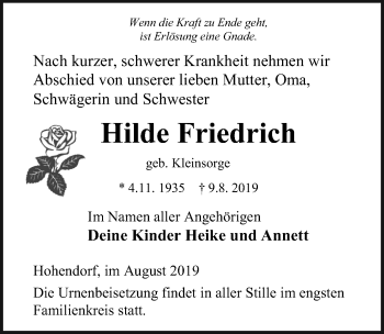 Traueranzeige von Hilde Friedrich von Ostsee-Zeitung GmbH