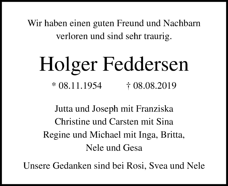  Traueranzeige für Holger Feddersen vom 18.08.2019 aus Lübecker Nachrichten