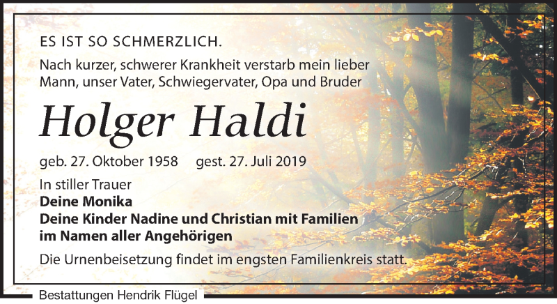  Traueranzeige für Holger Haldi vom 03.08.2019 aus Leipziger Volkszeitung