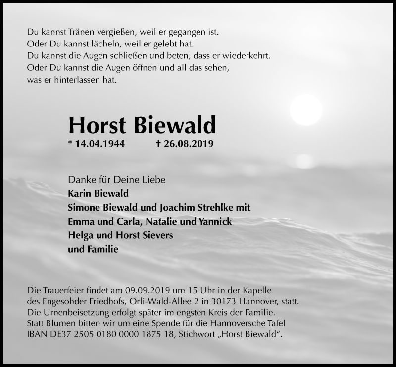  Traueranzeige für Horst Biewald vom 31.08.2019 aus Hannoversche Allgemeine Zeitung/Neue Presse