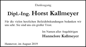Traueranzeige von Horst Kallmeyer von Hannoversche Allgemeine Zeitung/Neue Presse