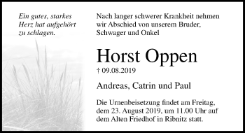 Traueranzeige von Horst Oppen von Ostsee-Zeitung GmbH