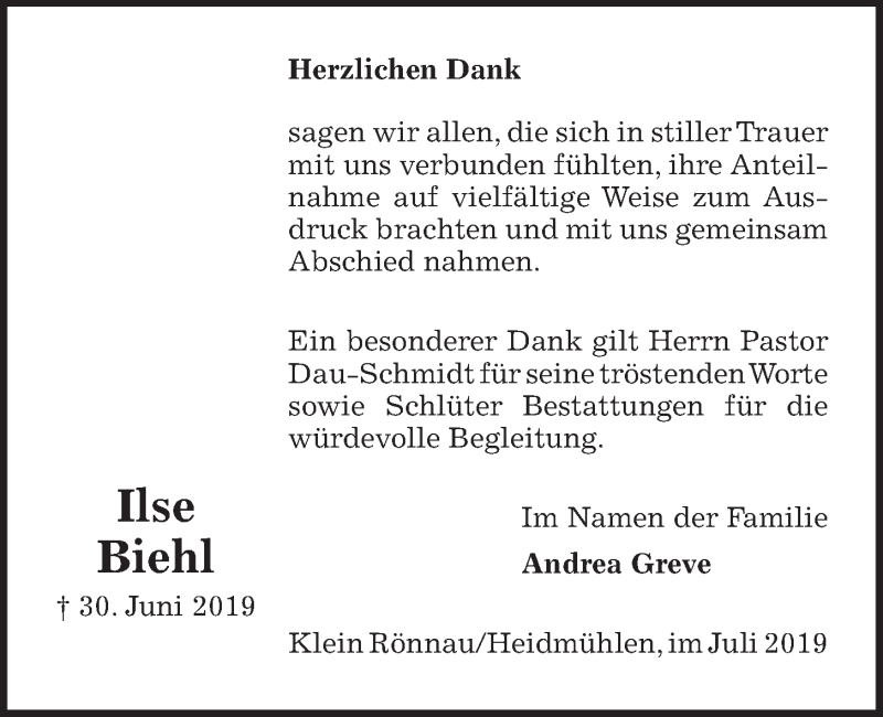  Traueranzeige für Ilse Biehl vom 03.08.2019 aus Kieler Nachrichten