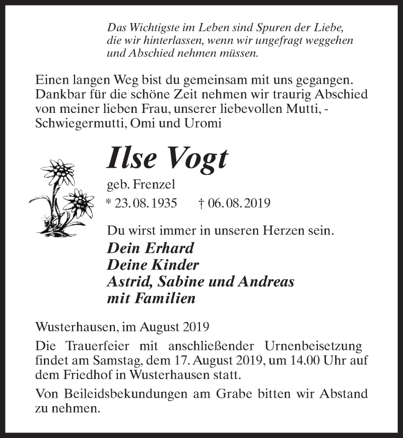  Traueranzeige für Ilse Vogt vom 10.08.2019 aus Märkischen Allgemeine Zeitung