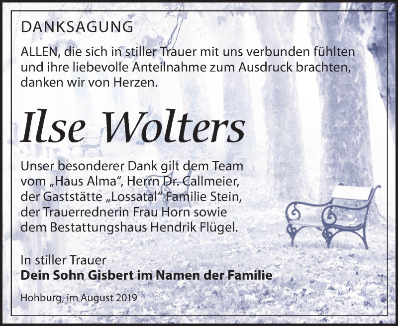  Traueranzeige für Ilse Wolters vom 03.08.2019 aus Leipziger Volkszeitung