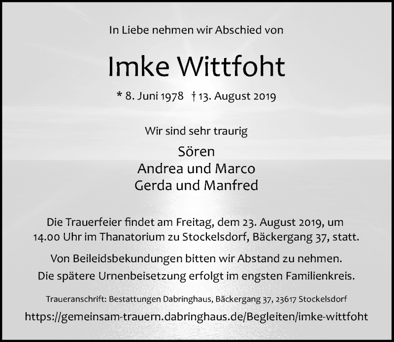  Traueranzeige für Imke Wittfoht vom 18.08.2019 aus Lübecker Nachrichten
