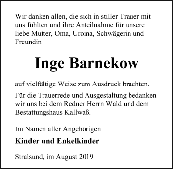 Traueranzeige von Inge Barnekow von Ostsee-Zeitung GmbH