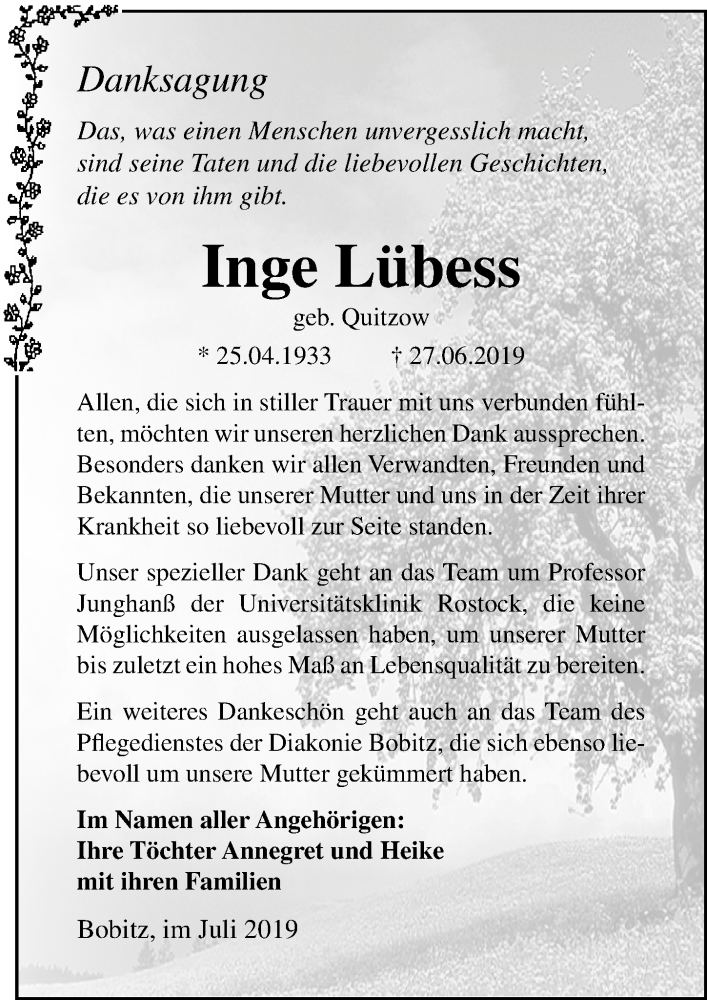  Traueranzeige für Inge Lübess vom 03.08.2019 aus Ostsee-Zeitung GmbH