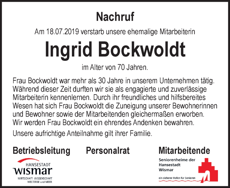  Traueranzeige für Ingrid Bockwoldt vom 31.07.2019 aus Ostsee-Zeitung GmbH