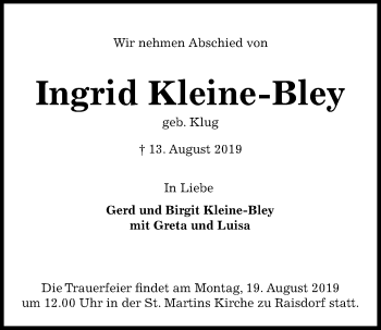 Traueranzeige von Ingrid Kleine-Bley von Kieler Nachrichten