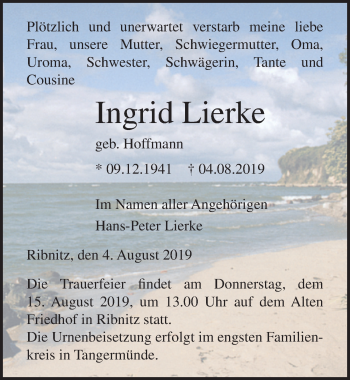 Traueranzeige von Ingrid Lierke von Ostsee-Zeitung GmbH