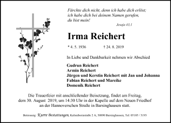 Traueranzeige von Irma Reichert von Hannoversche Allgemeine Zeitung/Neue Presse
