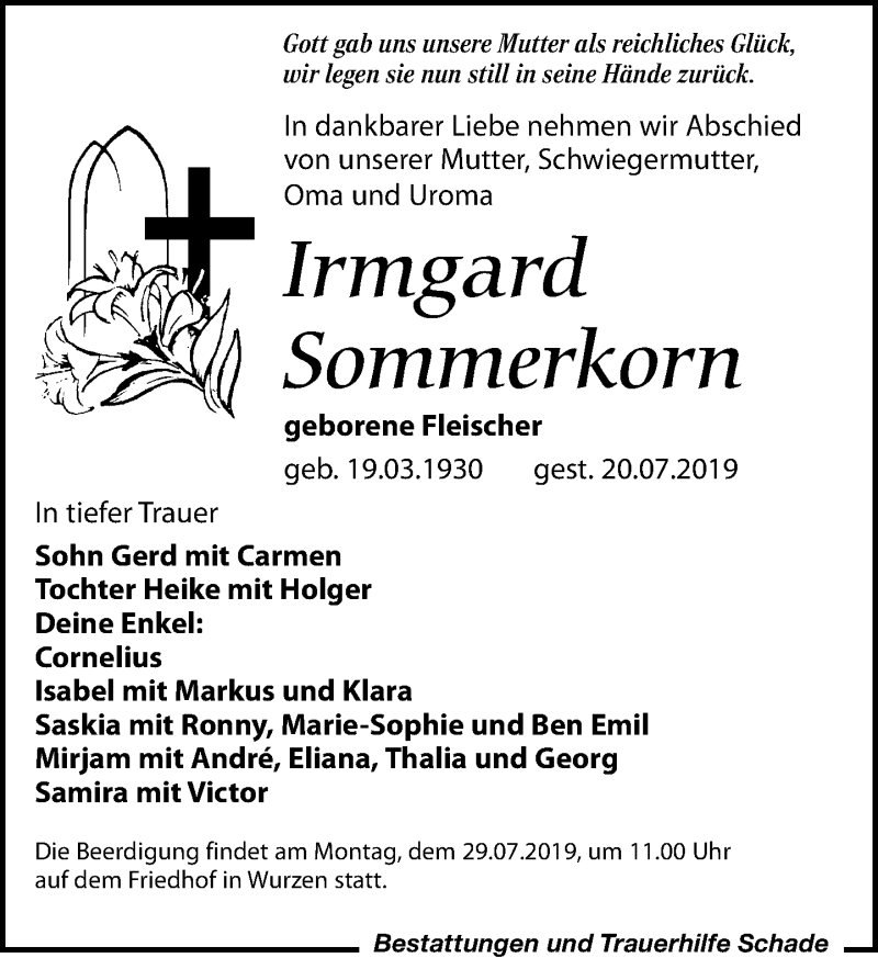  Traueranzeige für Irmgard Sommerkorn vom 27.07.2019 aus Leipziger Volkszeitung