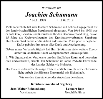 Traueranzeige von Joachim Schümann von Kieler Nachrichten