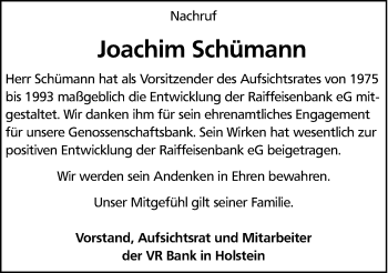 Traueranzeige von Joachim Schümann von Kieler Nachrichten