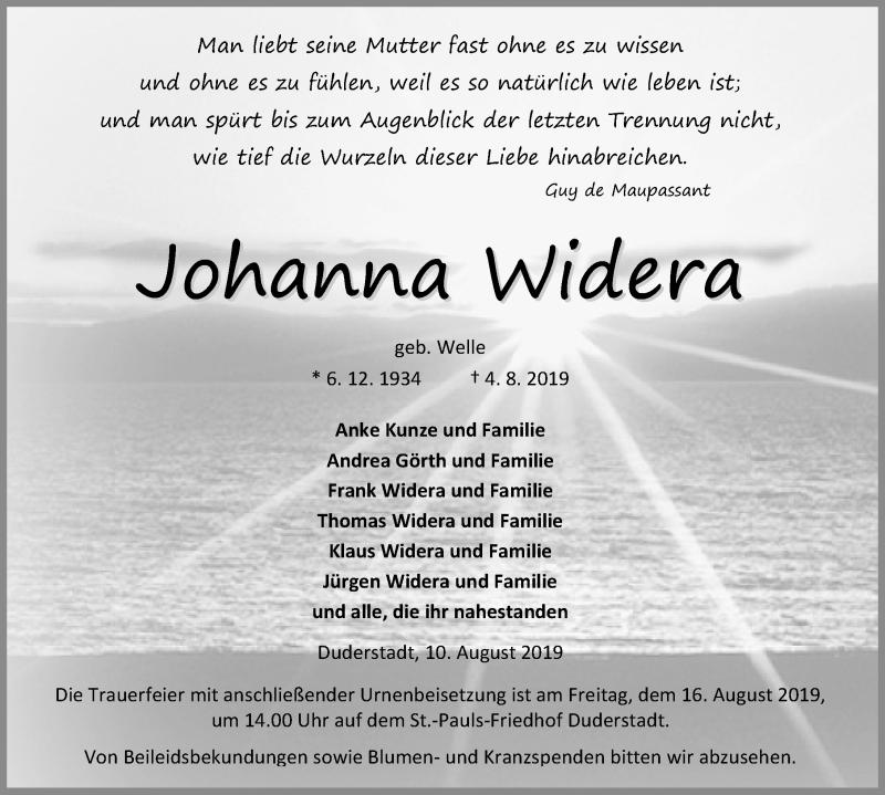 Traueranzeige für Johanna Widera vom 10.08.2019 aus Eichsfelder Tageblatt