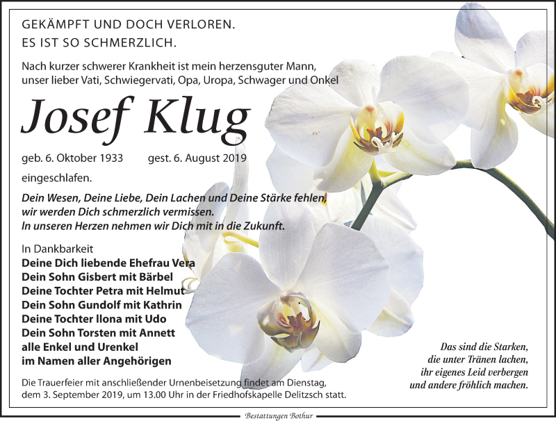  Traueranzeige für Josef Klug vom 17.08.2019 aus Leipziger Volkszeitung