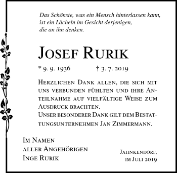 Traueranzeige von Josef Rurik von Ostsee-Zeitung GmbH