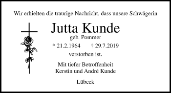 Traueranzeige von Jutta Kunde von Lübecker Nachrichten