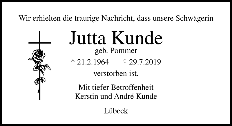  Traueranzeige für Jutta Kunde vom 11.08.2019 aus Lübecker Nachrichten