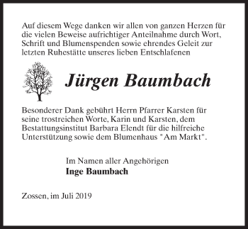 Traueranzeige von Jürgen Baumbach von Märkischen Allgemeine Zeitung
