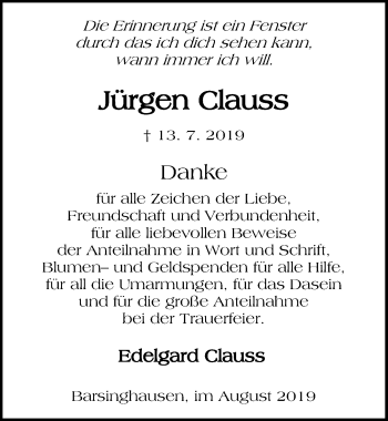 Traueranzeige von Jürgen Clauss von Hannoversche Allgemeine Zeitung/Neue Presse