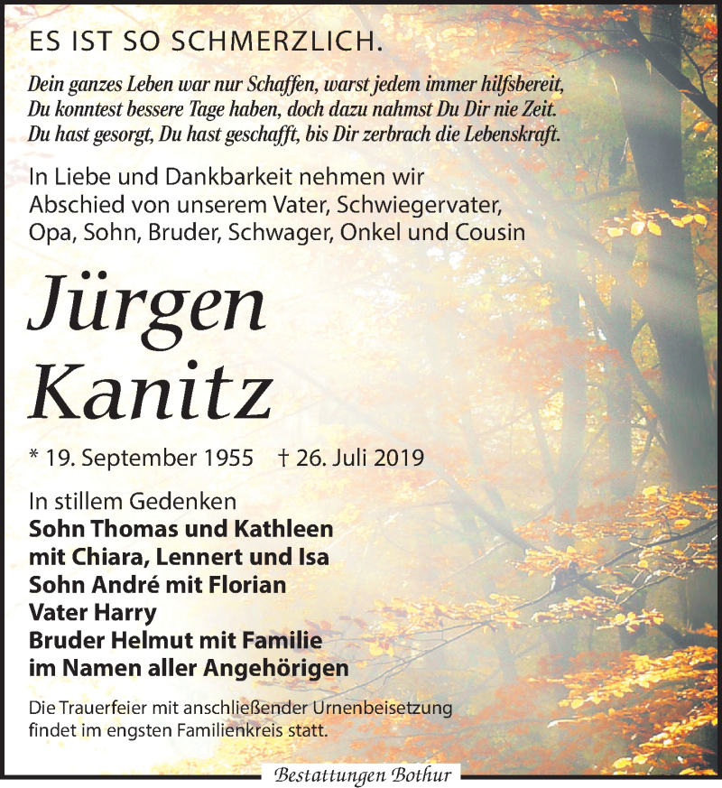  Traueranzeige für Jürgen Kanitz vom 10.08.2019 aus Leipziger Volkszeitung
