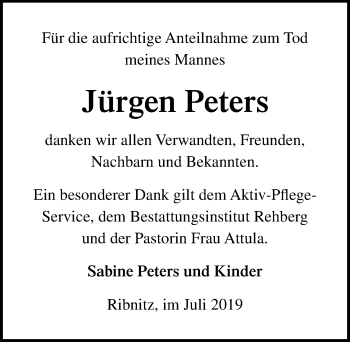 Traueranzeige von Jürgen Peters von Ostsee-Zeitung GmbH