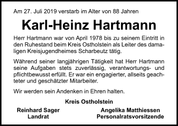 Traueranzeige von Karl-Heinz Hartmann von Lübecker Nachrichten