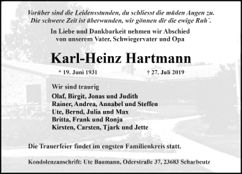 Traueranzeige von Karl-Heinz Hartmann von Lübecker Nachrichten