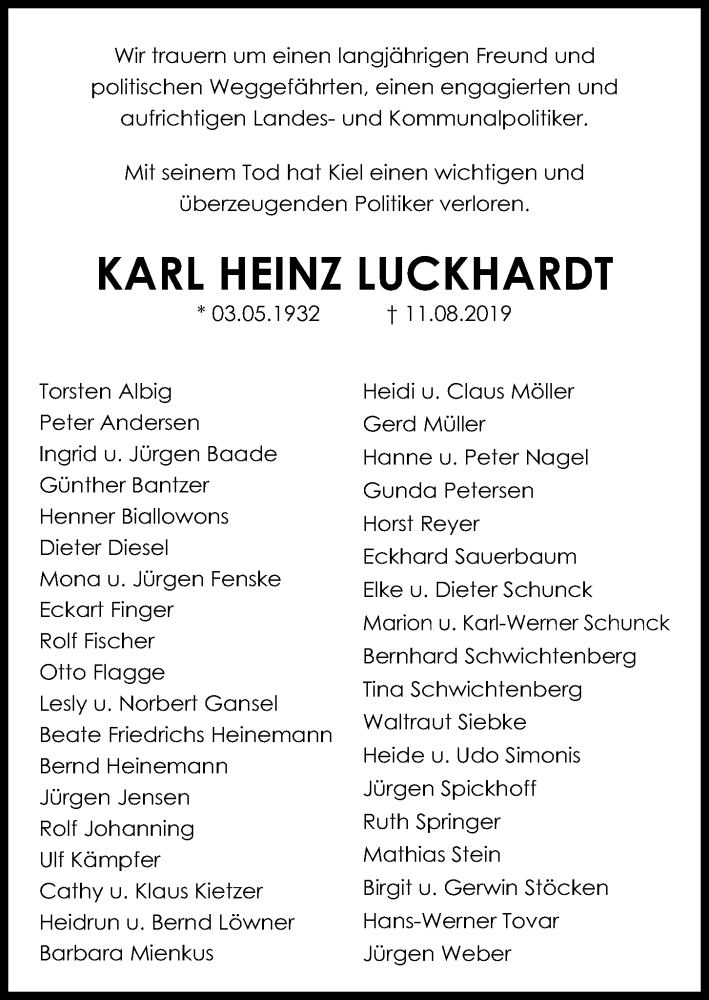  Traueranzeige für Karl Heinz Luckhardt vom 17.08.2019 aus Kieler Nachrichten