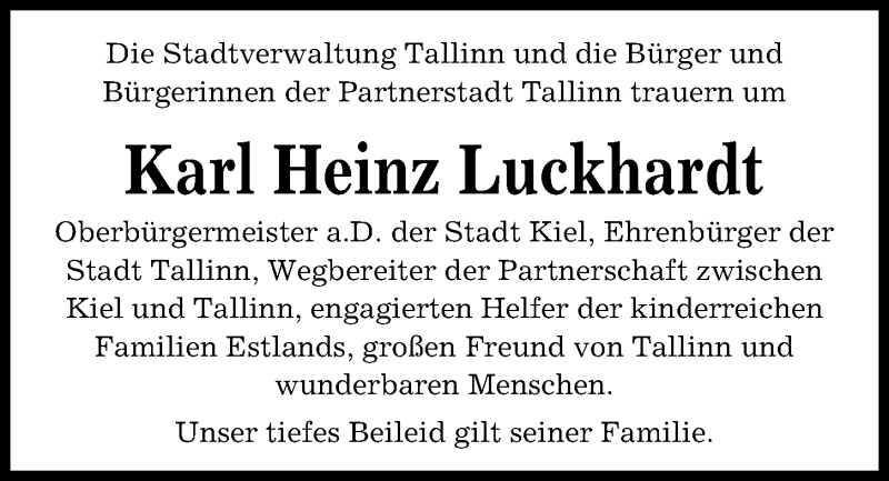  Traueranzeige für Karl Heinz Luckhardt vom 17.08.2019 aus Kieler Nachrichten