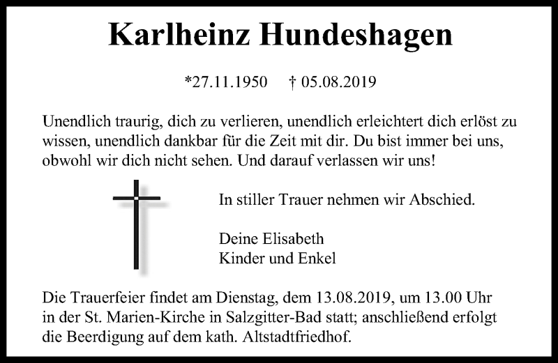  Traueranzeige für Karlheinz Hundeshagen vom 10.08.2019 aus Peiner Allgemeine Zeitung