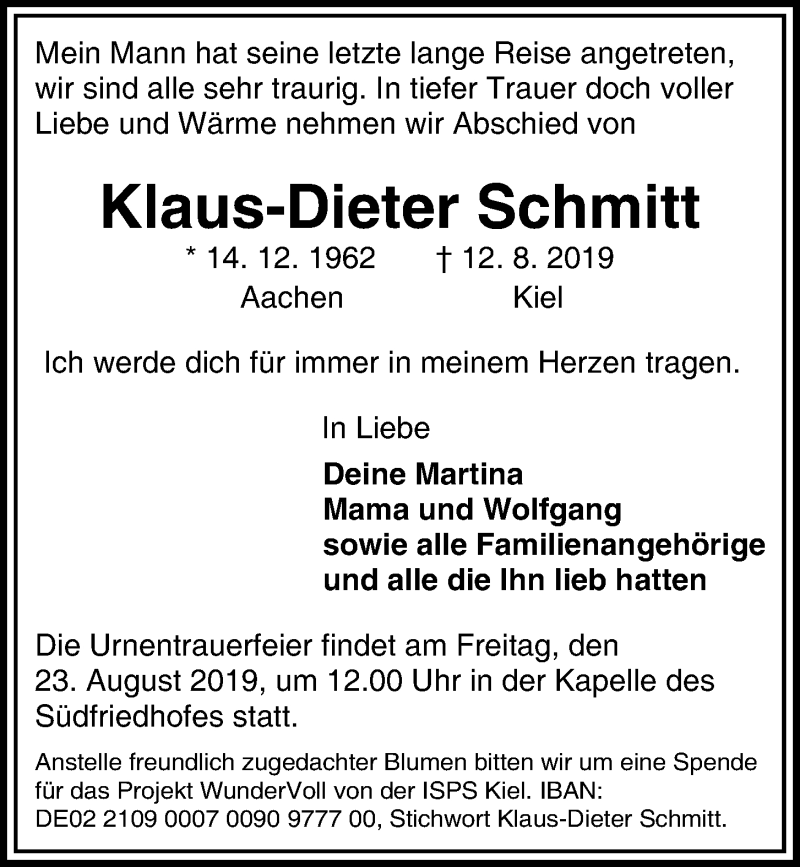  Traueranzeige für Klaus-Dieter Schmitt vom 17.08.2019 aus Kieler Nachrichten