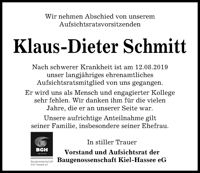  Traueranzeige für Klaus-Dieter Schmitt vom 17.08.2019 aus Kieler Nachrichten