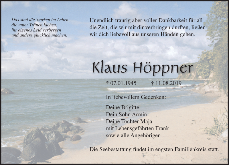 Traueranzeige für Klaus Höppner vom 17.08.2019 aus Ostsee-Zeitung GmbH