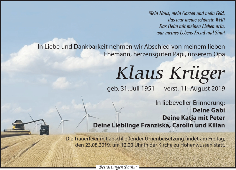  Traueranzeige für Klaus Krüger vom 17.08.2019 aus Leipziger Volkszeitung