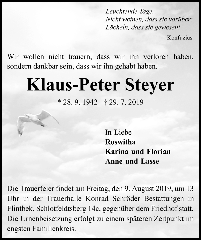  Traueranzeige für Klaus-Peter Steyer vom 03.08.2019 aus Kieler Nachrichten