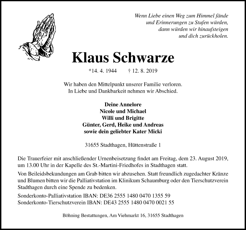  Traueranzeige für Klaus Schwarze vom 17.08.2019 aus Schaumburger Nachrichten